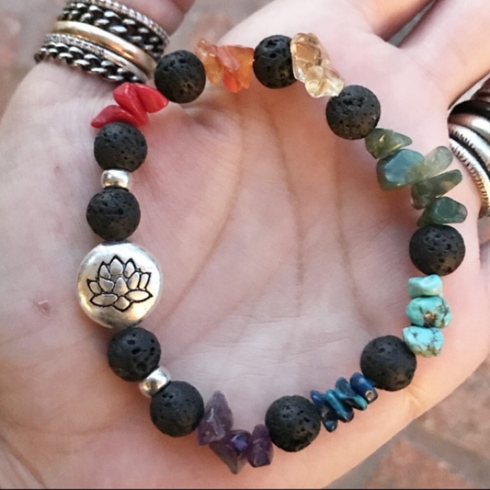 Genuine gemstones 7 chakra lotus flower bracelet